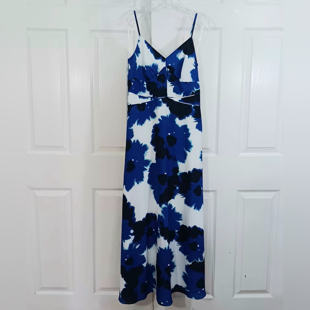 Banana Republic Maxi Dress Women's Sz0 Blue White Floral Flowy Spaghetti Straps